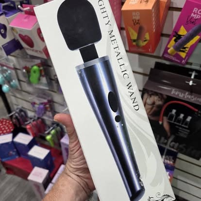 Evolved Mighty Metallic Wand personal massager on display at Paradise For Adults, an adult toy store in Centralia, Washington.